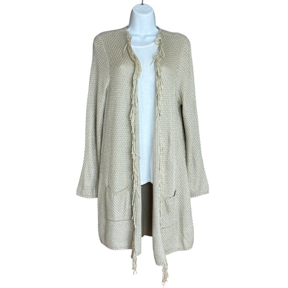 Chico’s Tan Ribbon Knit Fringe Longline Open Cardigan Size: L (Chico's 2) - Picture 4 of 13